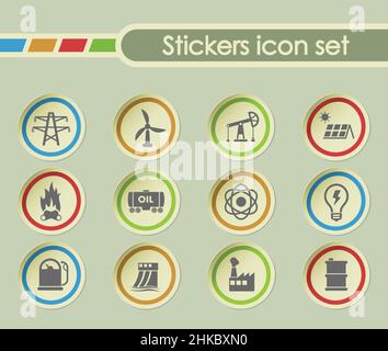 power generation simple vector icons on round stickers Stock Vector