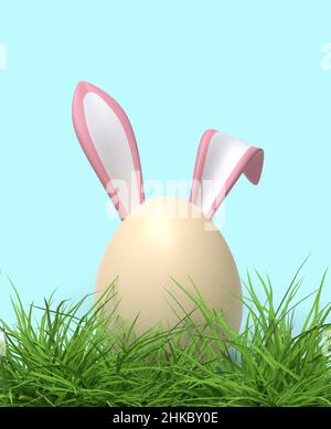 Egg with bunny ears in green grass. Easter concept. 3D illustration. Stock Photo