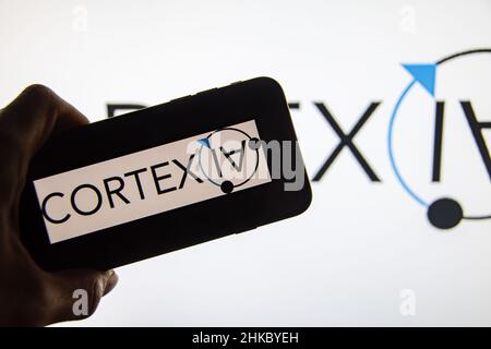 Rheinbach, Germany  2 February 2022,  The brand logo of the Swiss software developer 'Cortexia' on the display of a smartphone (focus on brand logo) Stock Photo
