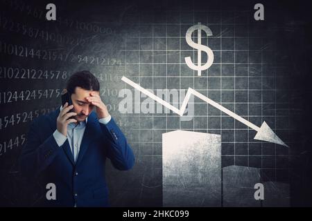 Depressed and stressed businessman talking on phone about stock market crash. Person receiving negative prognosis, economic crisis, business cessation Stock Photo