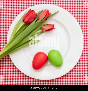 Easter Holiday table. Egg red and green and tulips decoration on white plate, checkered tablecloth background, top view, Stock Photo