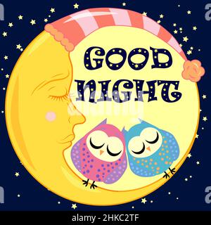 Good night. A postcard with a dozing crescent, two lovely cartoon owls Stock Vector