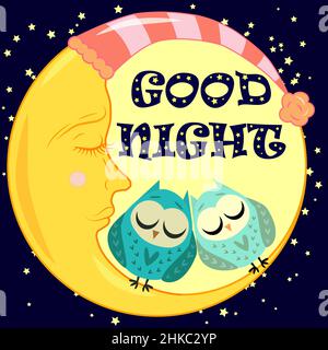 Good night. A postcard with a dozing crescent, two lovely cartoon owls Stock Vector