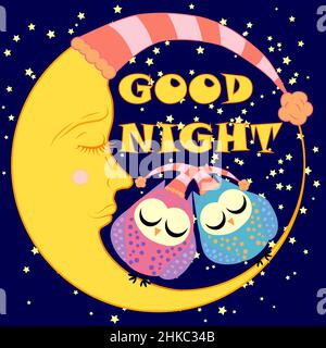 Good night. A postcard with a dozing crescent, two lovely cartoon owls Stock Vector