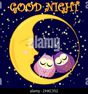 Good night. A postcard with a dozing crescent, two lovely cartoon owls and text. Stock Vector