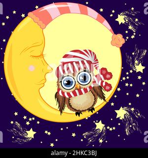 Cute cartoon brown owl sits on the slumbering crescent moon in the night sky with stars. Stock Vector