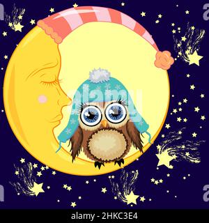 Cute cartoon brown owl sits on the slumbering crescent moon in the night sky with stars. Stock Vector