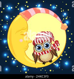 Cute cartoon brown owl sits on the slumbering crescent moon in the night sky with stars. Stock Vector
