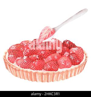 Strawberry pie and a spoonful of jelly. Watercolor illustration. Isolated on a white background. For your design greeting cards, stationery, recipe. Stock Photo