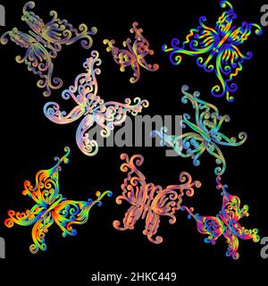 Eight contoured, iridescent, graceful butterflies On a black background. Stock Vector