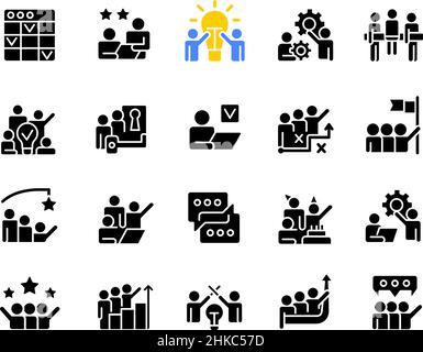 Teamwork black glyph icons set on white space Stock Vector