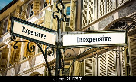 Street Sign the Direction Way to Inexpensive versus Expensive Stock Photo