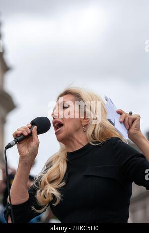 Kay Allison 'Kate' Shemirani addressing a crowd of protesters at a Unite for Freedom demonstration, Trafalgar Square. London, UK. 29th August 2020.