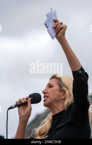 Kay Allison 'Kate' Shemirani addressing a crowd of protesters at a Unite for Freedom demonstration, Trafalgar Square. London, UK. 29th August 2020.