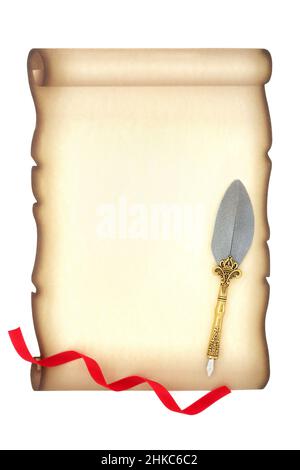 Feather quill pen with old parchment scroll and red ribbon on white background. Manuscript, graduation diploma or letter composition. Copy space. Stock Photo