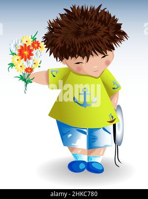 A boy in a green T-shirt with a painted anchor, blue shorts on a light background with a bouquet of flowers in his hand. Recreation, marine subjects, Stock Vector