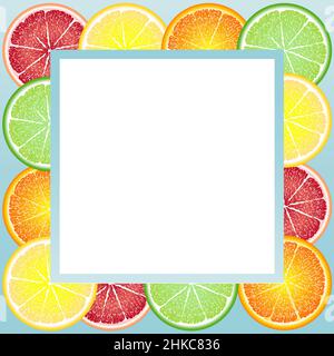 Cheerful, bright frame of circles of citrus fruits: orange, lemon, grapefruit, lime. Greeting card background Stock Vector