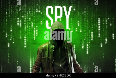Faceless hacker with inscription Stock Photo