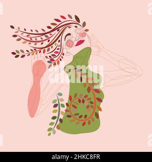 Abstract colorful line art portrait of a woman smiles with closed eyes and floral illustration. Stock Vector