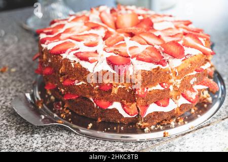 Delicious home-made strawberry and cream sponge cake. Stock Photo