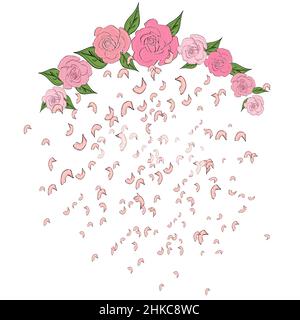 Rose petals falling, flying from a semicircular arch of roses with leaves, Tenderness, wedding background. Falling, flying petals of roses, cherry blo Stock Vector