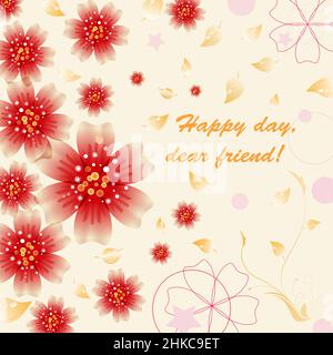 A postcard or frame with bright gradient red flowers and yellow leaves on a beige background with text Stock Vector