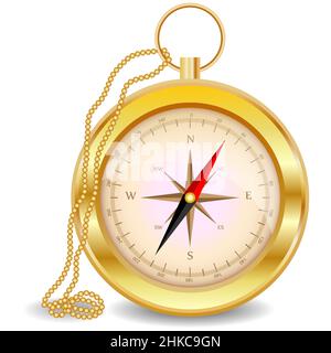 A golden compass with a wind rose on a gold chain. North, south, west, east, geography, coordinates, directions. Stock Vector