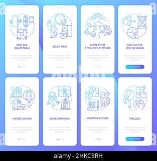 Escape room challenges blue gradient onboarding mobile app screen set Stock Vector