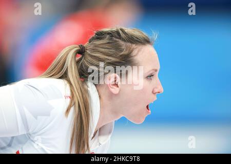 Beijing, China. 3rd Feb, 2022. Rachel Homan of Canada comepetes during the curling mixed doubles round robin event of the Beijing 2022 Winter Olympics between Norway and Canada at National Aquatics Centre in Beijing, China, Feb. 3, 2022. Credit: Liu Xu/Xinhua/Alamy Live News Stock Photo