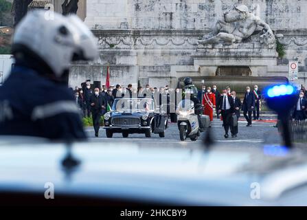 Italy's newly re-elected President Sergio Mattarella's car is escorted by Carabinieri officers on its way to the Italian parliament