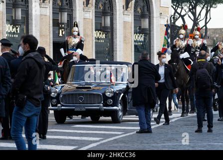 Italy's newly re-elected President Sergio Mattarella's car is escorted by Carabinieri officers on its way to the Italian parliament