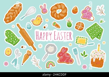 Colorful easter pastries stickers,traditional food,colored eggs.Vector flat Stock Vector
