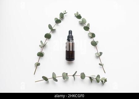 Mockup image of glass dropper bottle with eucalyptus essential oil and eucalyptus tree branch. Natural cosmetics, facial anti-aging oil. Top view. Stock Photo