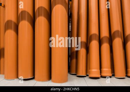PVC Material Plastic Pipes Water Sewer Tubes Pipeline. Stock Photo