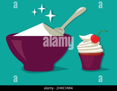 Vector icon illustration, sweet crystal powder sugar in bowl, Sugar pattern consisting of bowl with ingredient. sugars in Bowl. Stock Vector
