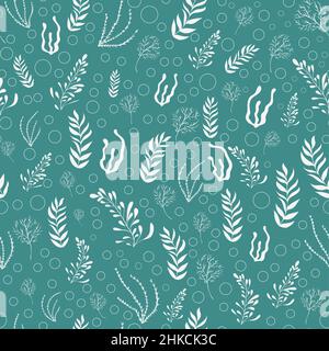 Hand drawn sea plants seamless pattern. White seaweed on turquoise background Stock Vector