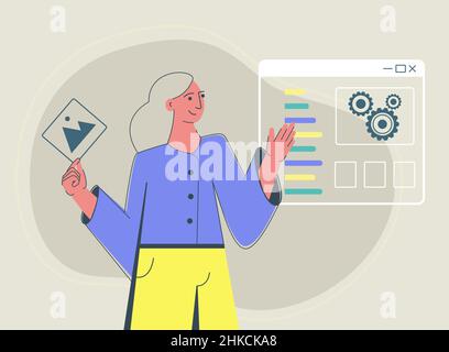 UI UX design, process of creating website template and programming. Happy young smiling female character  Stock Vector