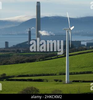 Kilroot Power station, wind turbine & Cavehill, County Antrim Stock Photo