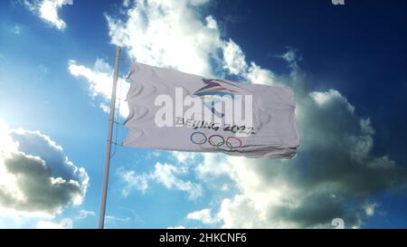 Beijing, China, February 2022: Beijing Winter Olympics 2022 flag waving in the wind, blue sky background. 3d rendering Stock Photo