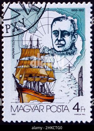 HUNGARY - CIRCA 1987: a stamp printed in Hungary shows Robert Falcon Scott (1868-1912), was a Royal Navy officer and explorer who led two expeditions Stock Photo