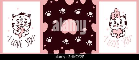 Romantic Set of two valentine cards with cute cats boy and girl with hearts with text - I love you and Seamless pattern with pink hearts and cat footp Stock Vector