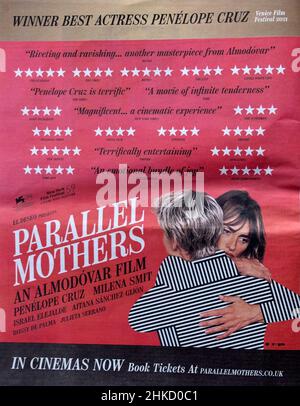 Advert for Pedro Almodovar film Parallel Mothers starring female actors Penelope Cruz and Milena Smit in newspaper UK Stock Photo