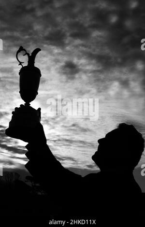 Golf Champion Trophy, known as the Claret Jug, is the trophy presented to the winner of The British Open Championship  one of the four major championships in golf. Imae taken at Turnberry, Ayrshire, Stock Photo