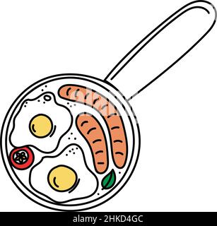 A hand-drawn doodle-style pan of food. Top view of eggs and sausages. Breakfast. Cooking food in a frying pan. Eggs. Morning. Stock Vector