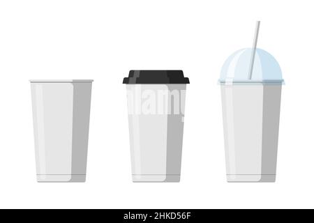 Disposable paper beverage cup templates set for coffee, soda or cocktail with black and transparent hemisphere lid. Blank white large cardboard soft drinks packaging collection vector eps illustration Stock Vector