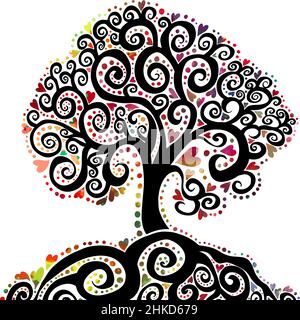 Graphic abstract black tree with multicolored hearts. Happy Valentine's Day. Vector illustration Stock Vector