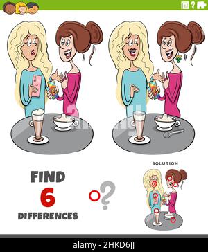 Cartoon illustration of finding the differences between pictures educational game with women talking Stock Vector