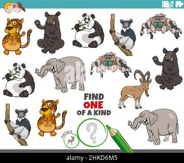 Cartoon illustration of find one of a kind picture educational game with animal characters Stock Vector