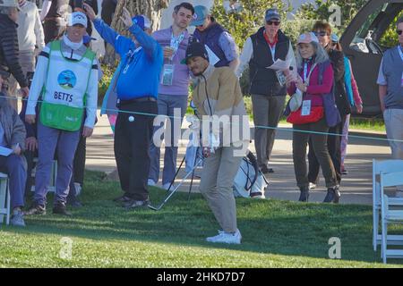 Pebble Beach, USA. 03rd Feb, 2022. Mookie Betts putts onto the 6th green at  Monterey Peninsula Club during the first round of the AT&T Pro-Am PGA Tour  golf event Monterey Peninsula, California