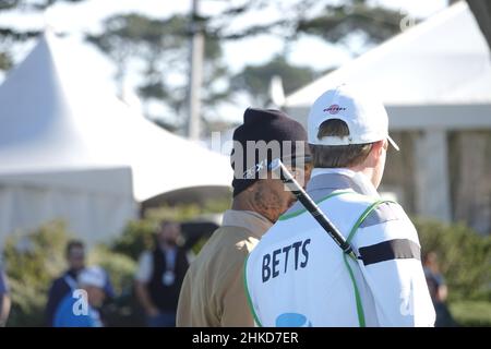 Pebble Beach, USA. 03rd Feb, 2022. Mookie Betts putts onto the 6th green at  Monterey Peninsula Club during the first round of the AT&T Pro-Am PGA Tour  golf event Monterey Peninsula, California